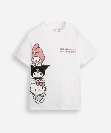 camiseta de algodão infantil manga curta hello kitty e amigos off white
