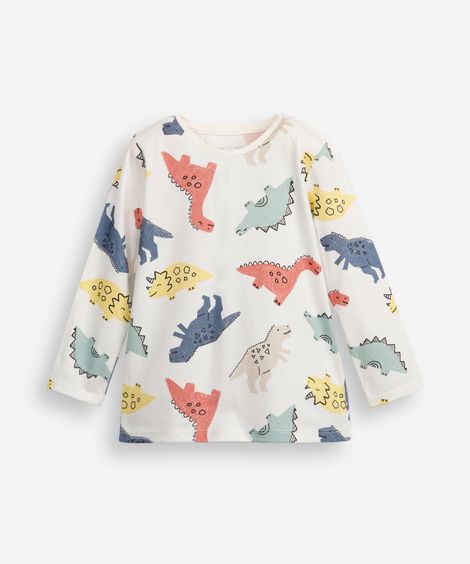 camiseta infantil de algodão dinossauros manga longa off white