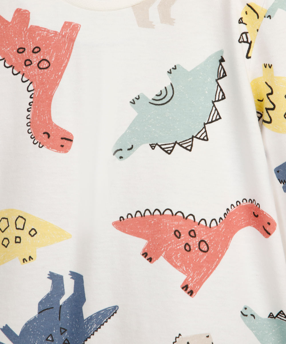 camiseta infantil de algodão dinossauros manga longa off white
