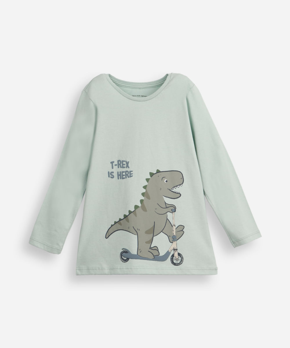 camiseta infantil de algodão manga longa t rex verde