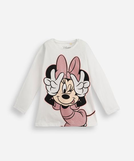 blusa infantil de algodão manga longa minnie com glitter off white
