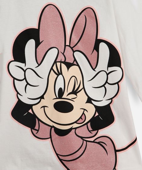 blusa infantil de algodão manga longa minnie com glitter off white