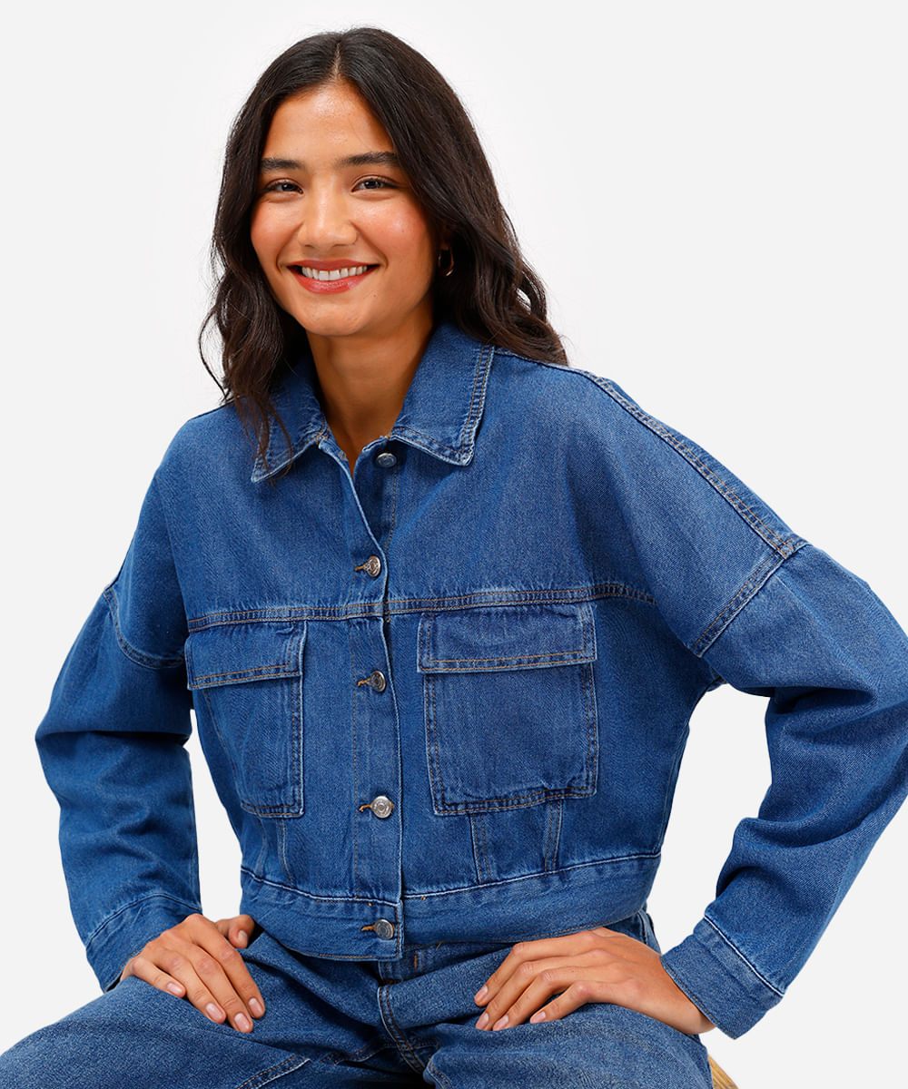 jaqueta cropped feminina jeans azul