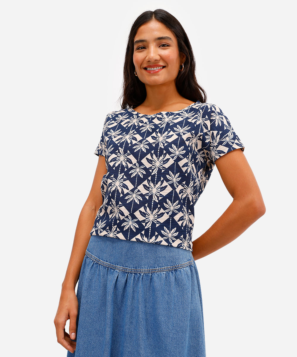 blusa feminina de algodão manga curta folhagens azul