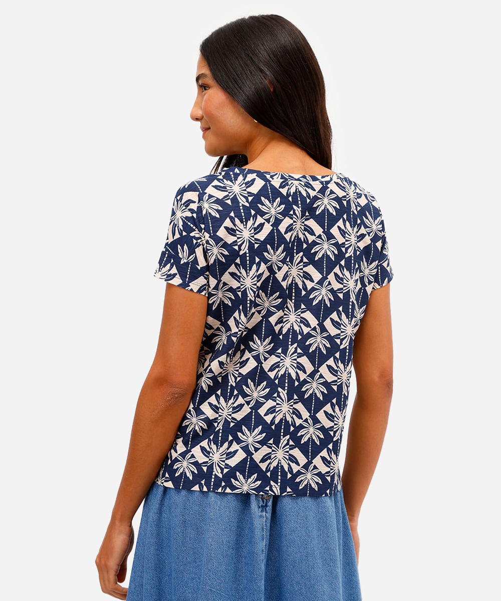 blusa feminina de algodão manga curta folhagens azul