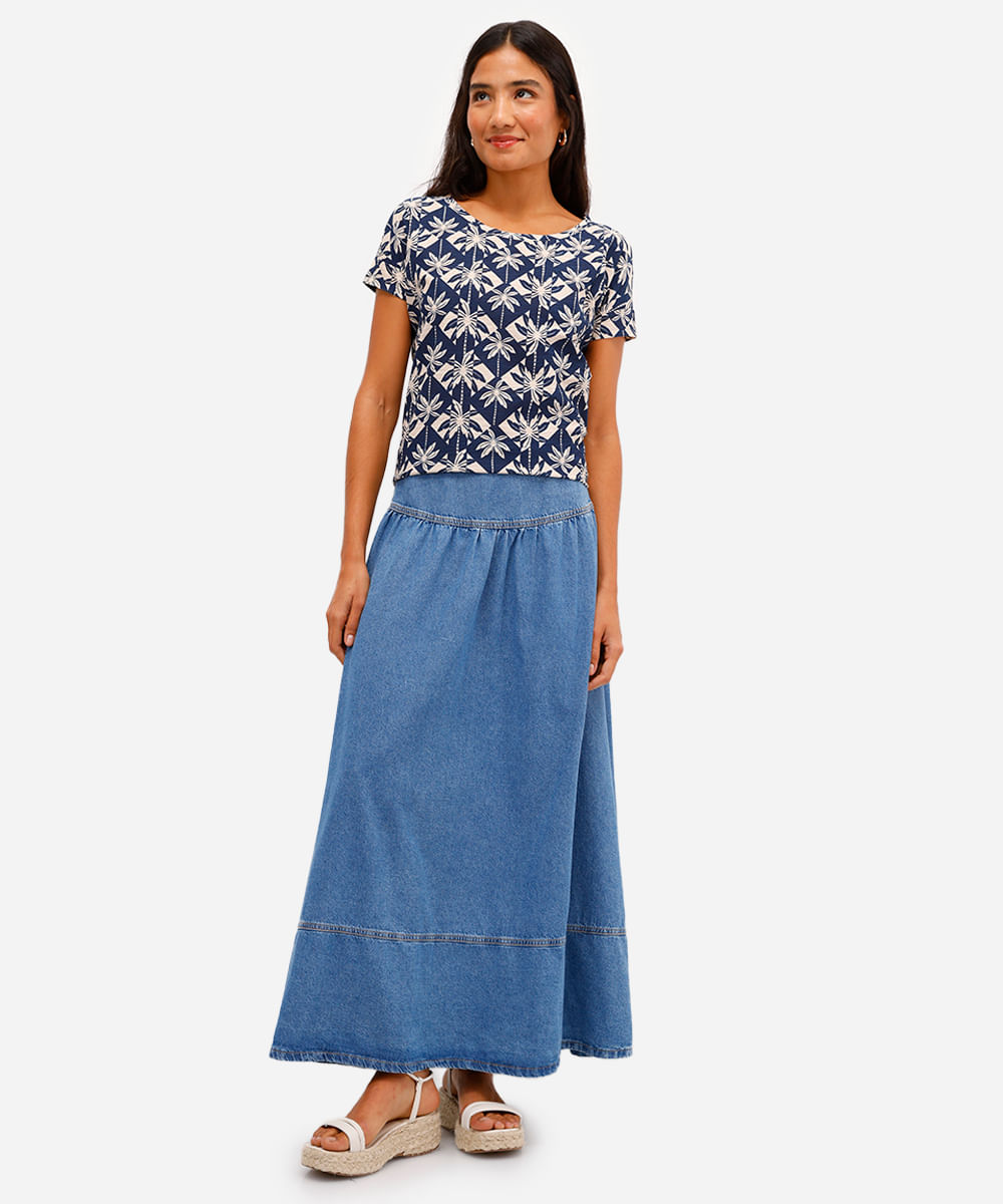 blusa feminina de algodão manga curta folhagens azul