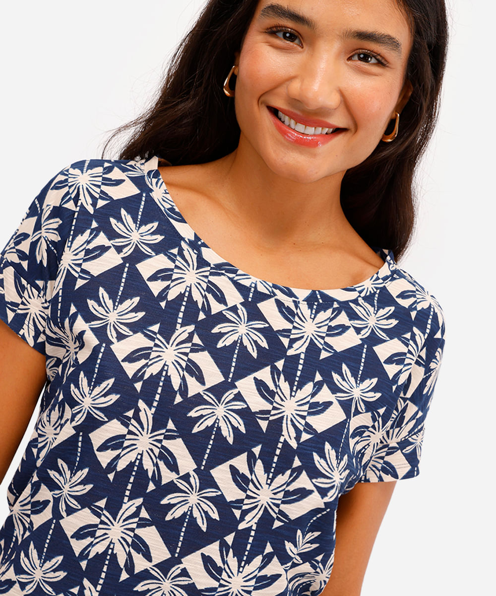 blusa feminina de algodão manga curta folhagens azul