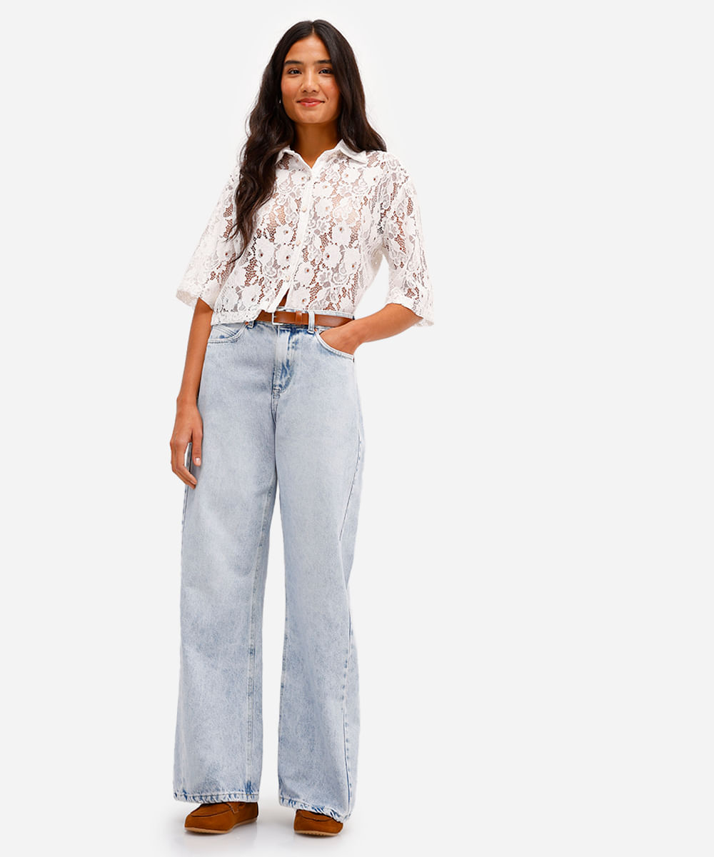 calça wide leg feminina jeans cintura alta azul