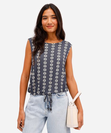 regata feminina de viscose com amarração estampada azul