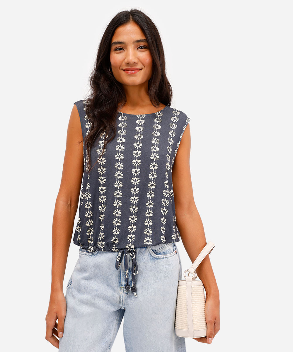 regata feminina de viscose com amarração estampada azul