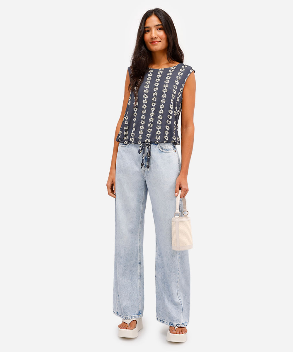 regata feminina de viscose com amarração estampada azul