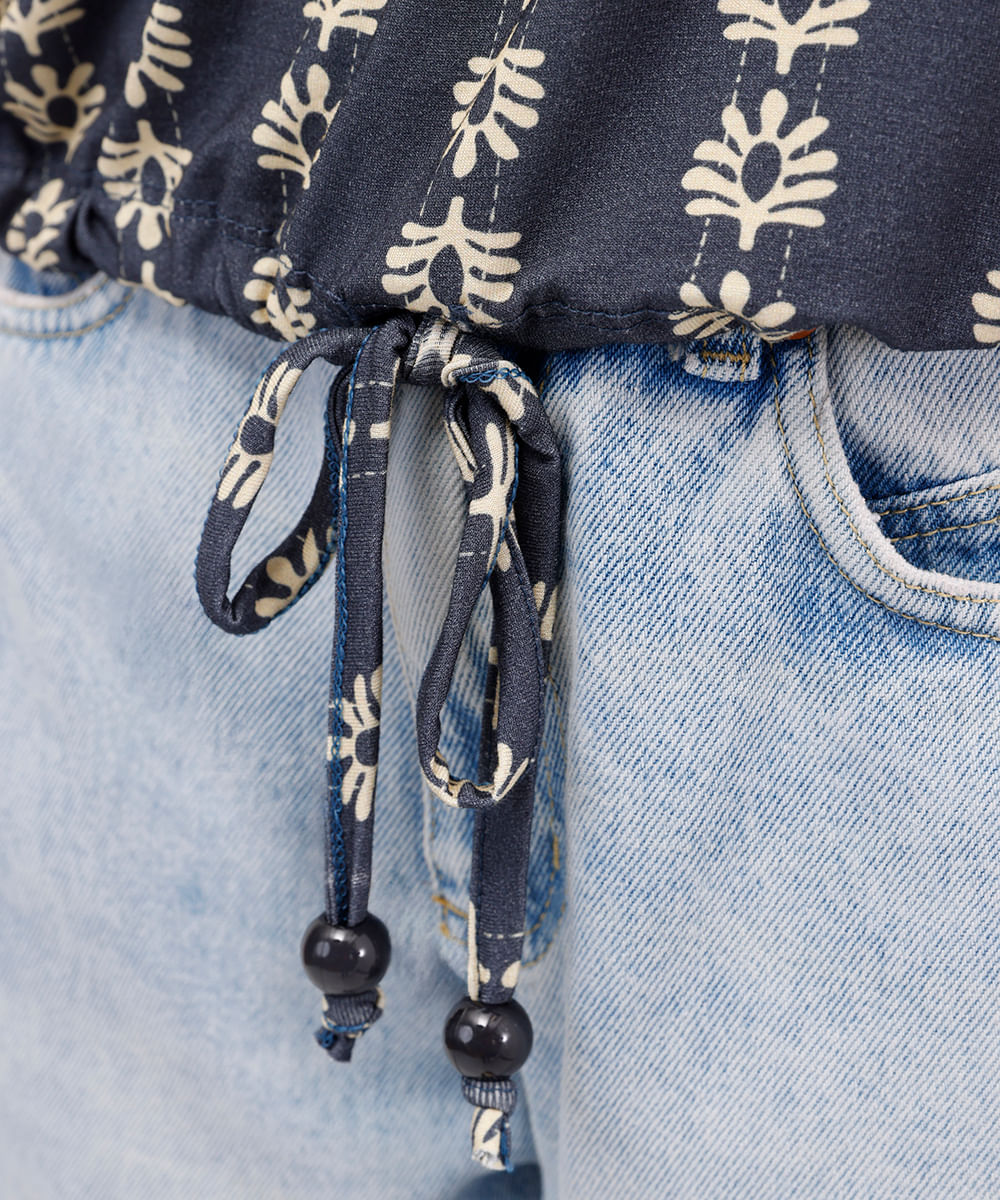 regata feminina de viscose com amarração estampada azul