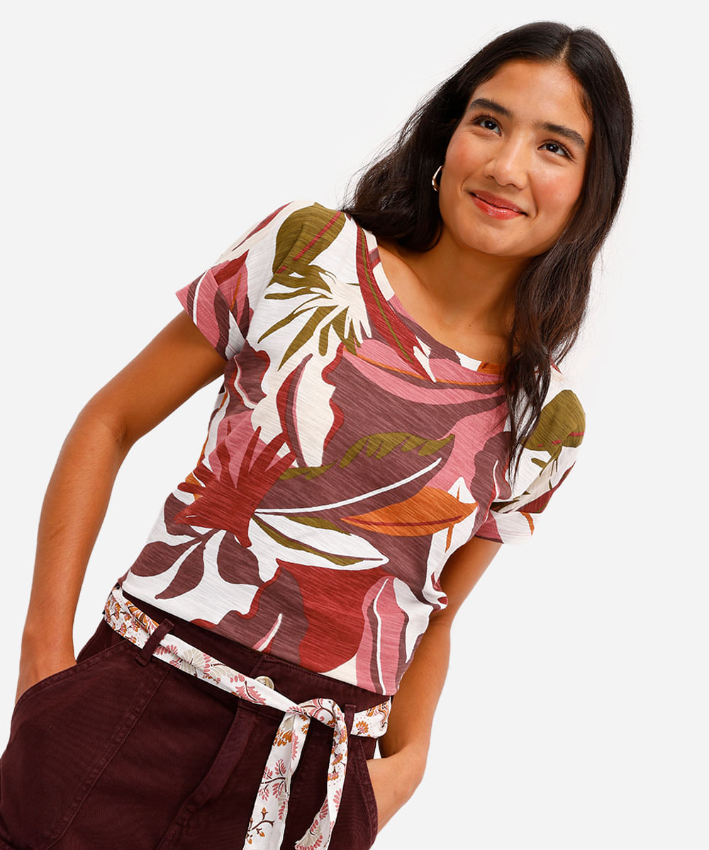 blusa feminina de algodão manga curta folhagens off white