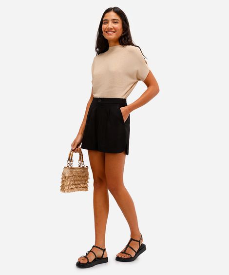 short feminino com linho cós elástico preto