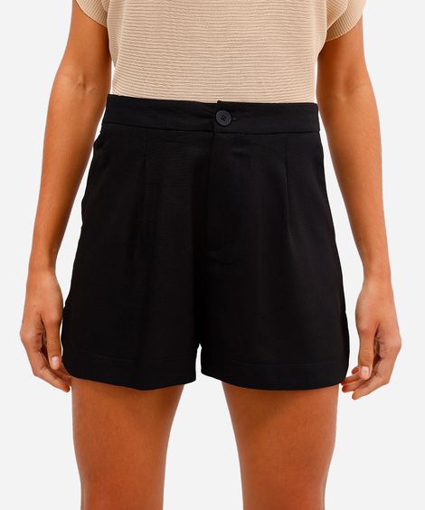 short feminino com linho cós elástico preto