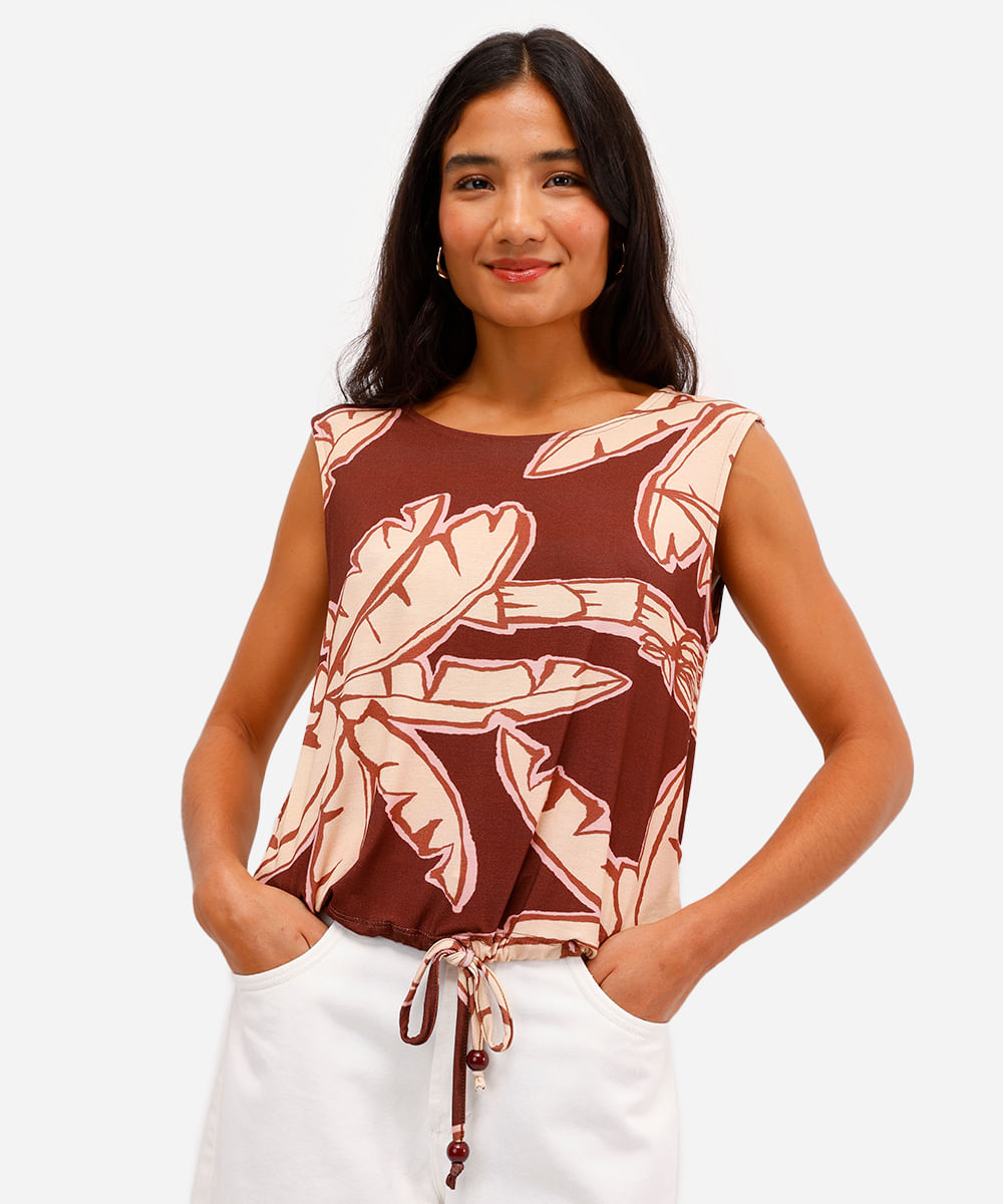 regata feminina de viscose com amarração folhagens marrom