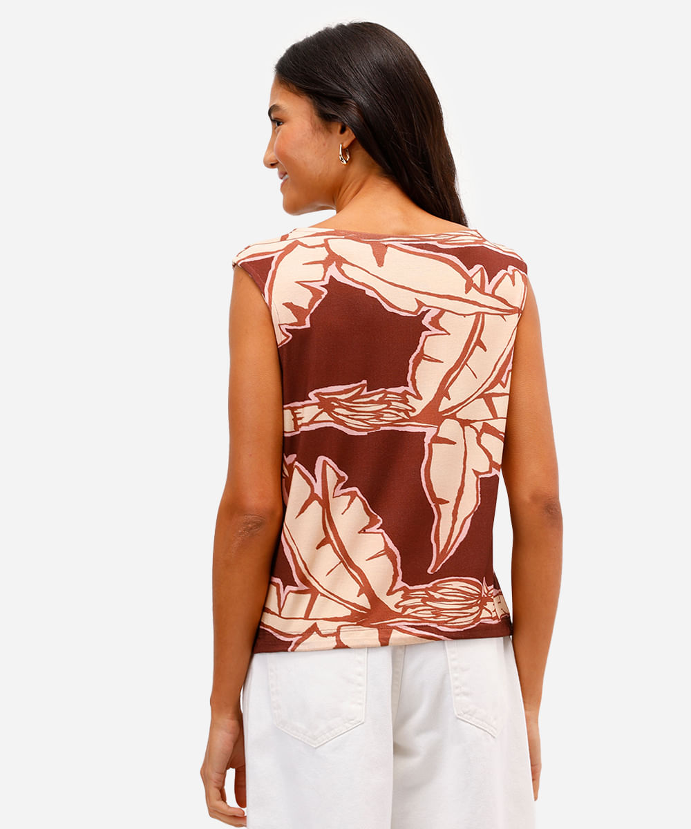 regata feminina de viscose com amarração folhagens marrom