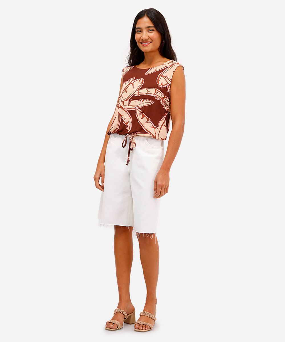 regata feminina de viscose com amarração folhagens marrom