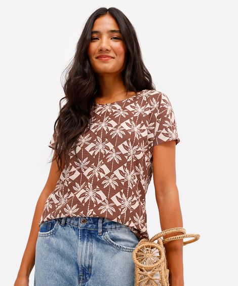 blusa feminina de algodão manga curta folhagens bege