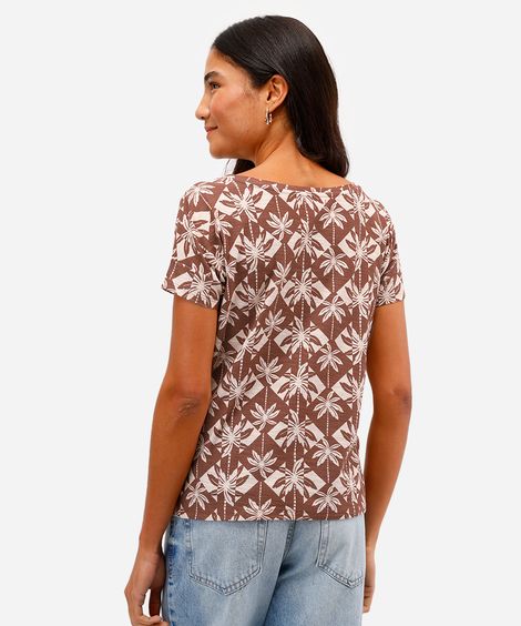 blusa feminina de algodão manga curta folhagens bege
