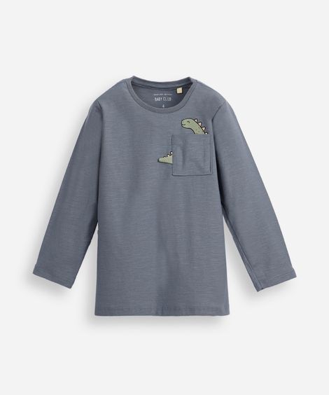 blusa de algodão infantil manga longa dinossauro azul
