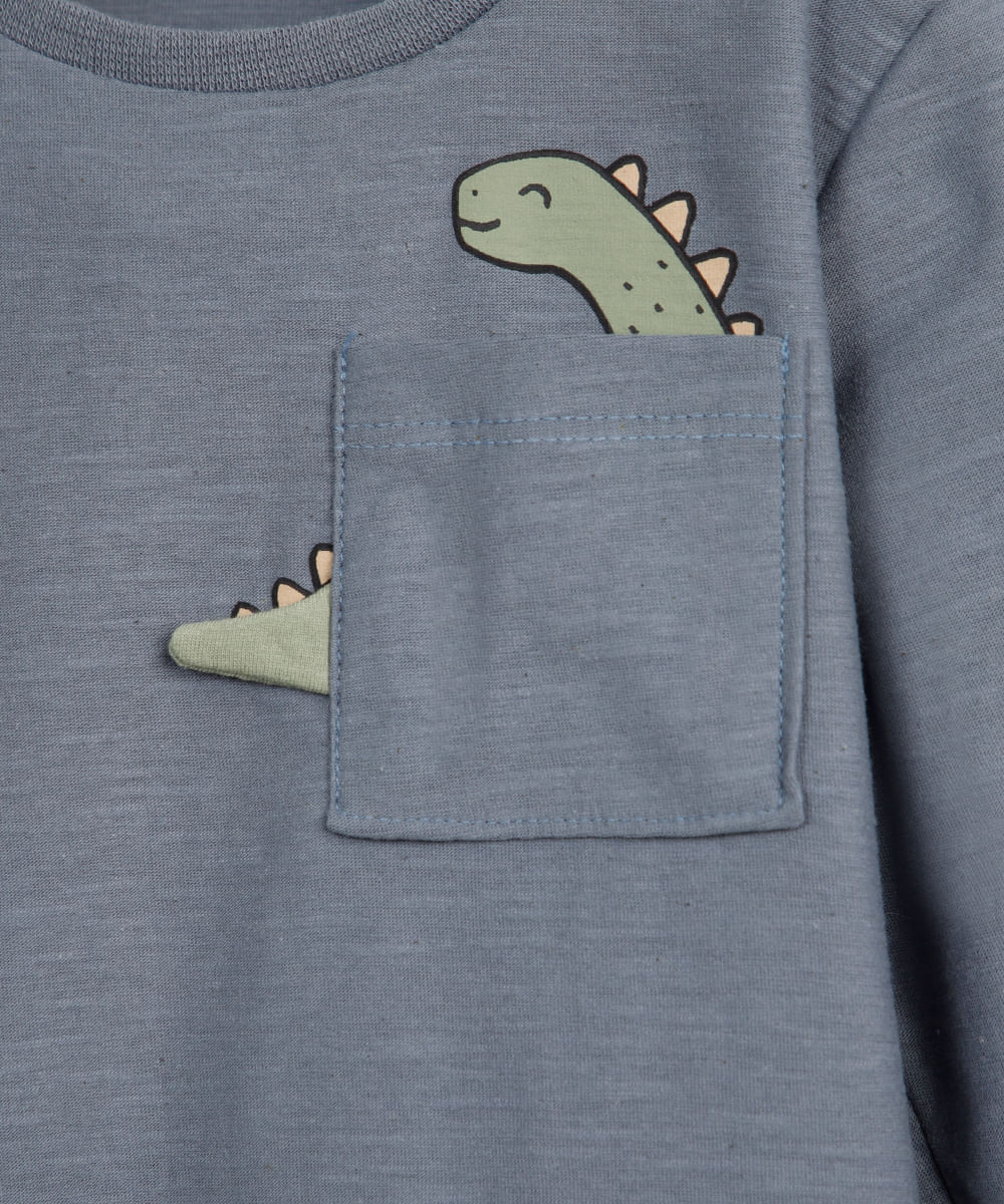 blusa de algodão infantil manga longa dinossauro azul
