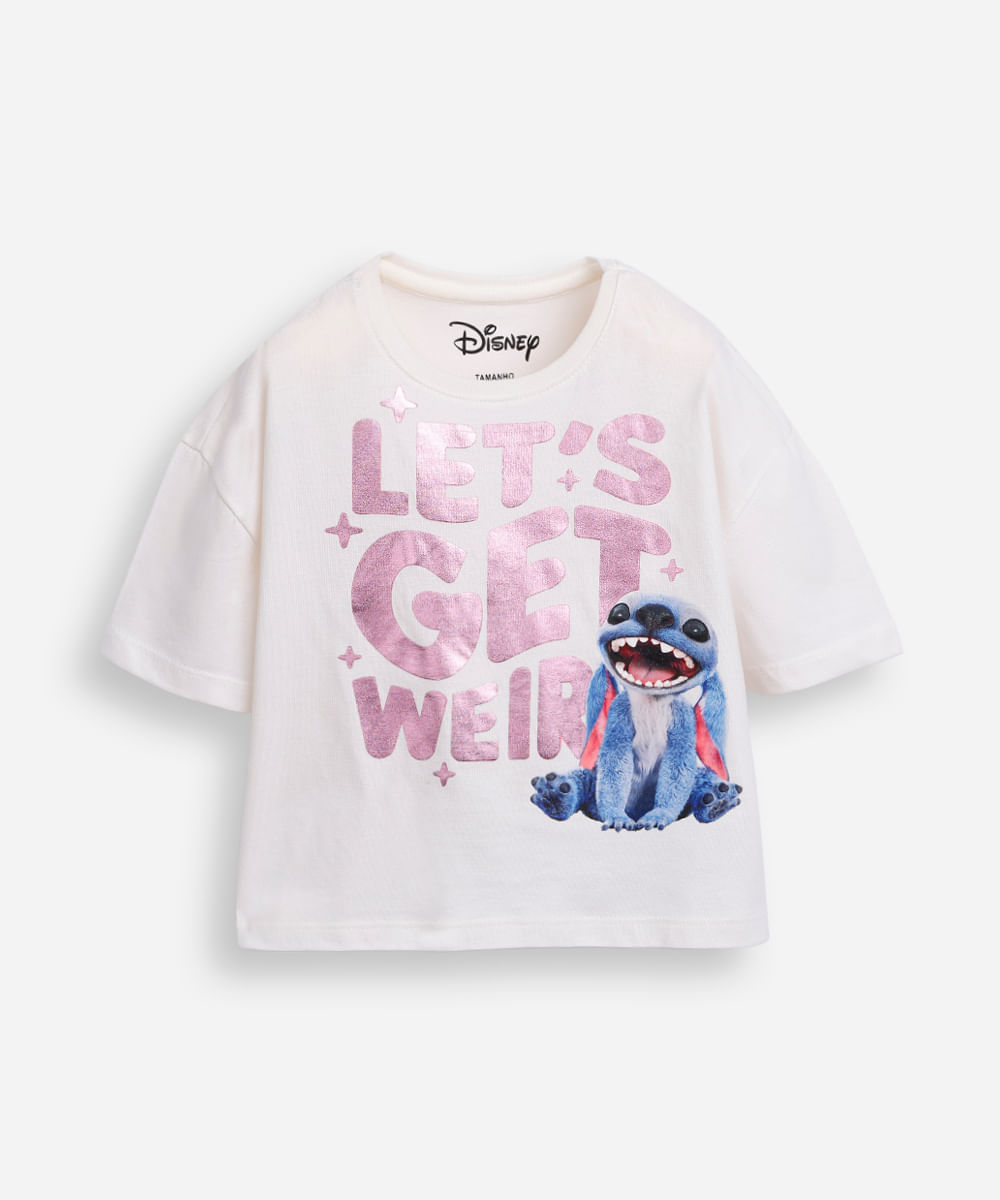 camiseta infantil de algodão manga curta stitch metalizada off white