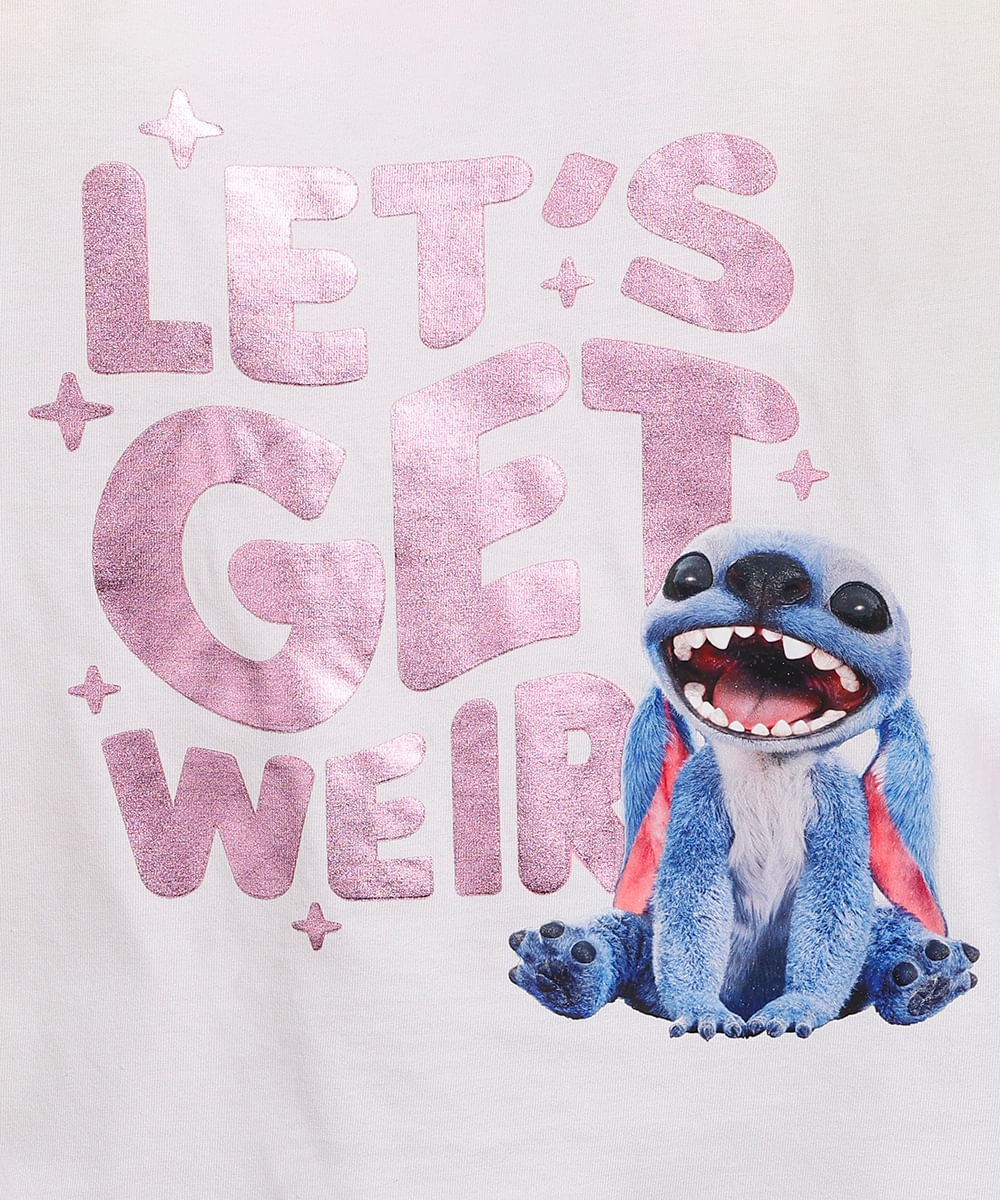 camiseta infantil de algodão manga curta stitch metalizada off white