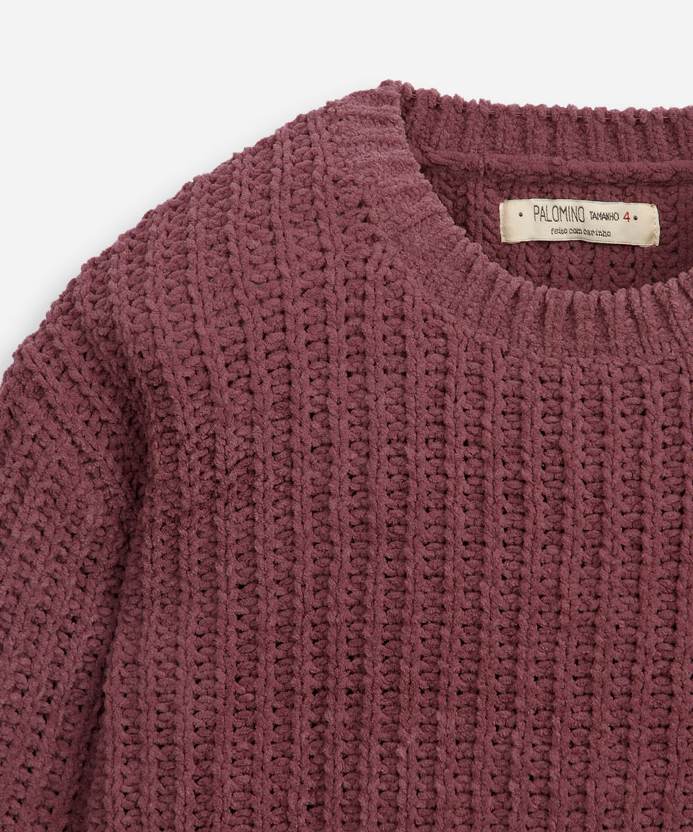 suéter infantil de tricot chenille manga longa rosa
