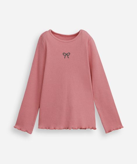 blusa de algodão infantil com lacinho e fru fru canelada rosa