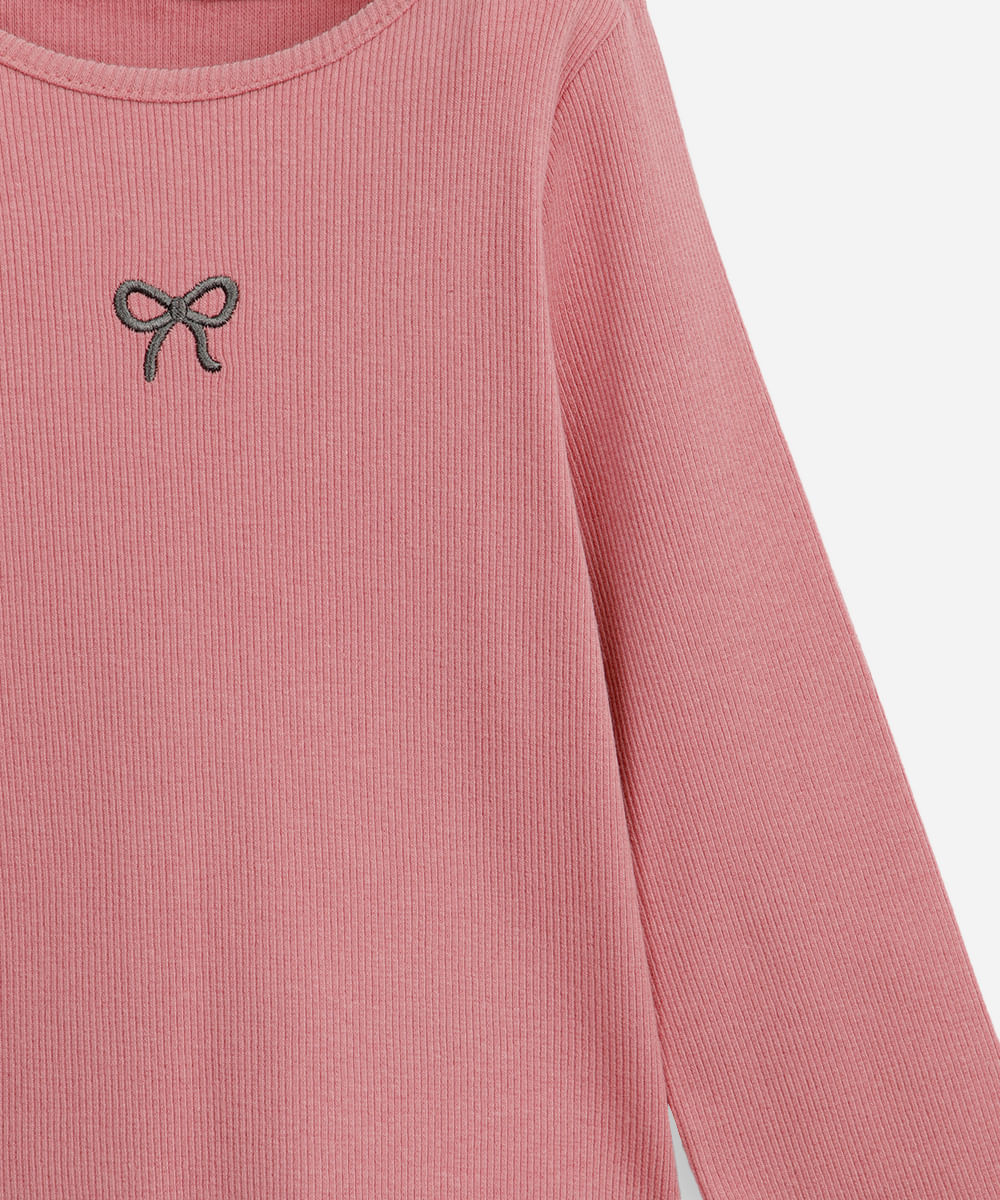 blusa de algodão infantil com lacinho e fru fru canelada rosa
