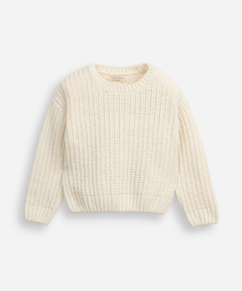 suéter infantil de tricot chenille manga longa off white