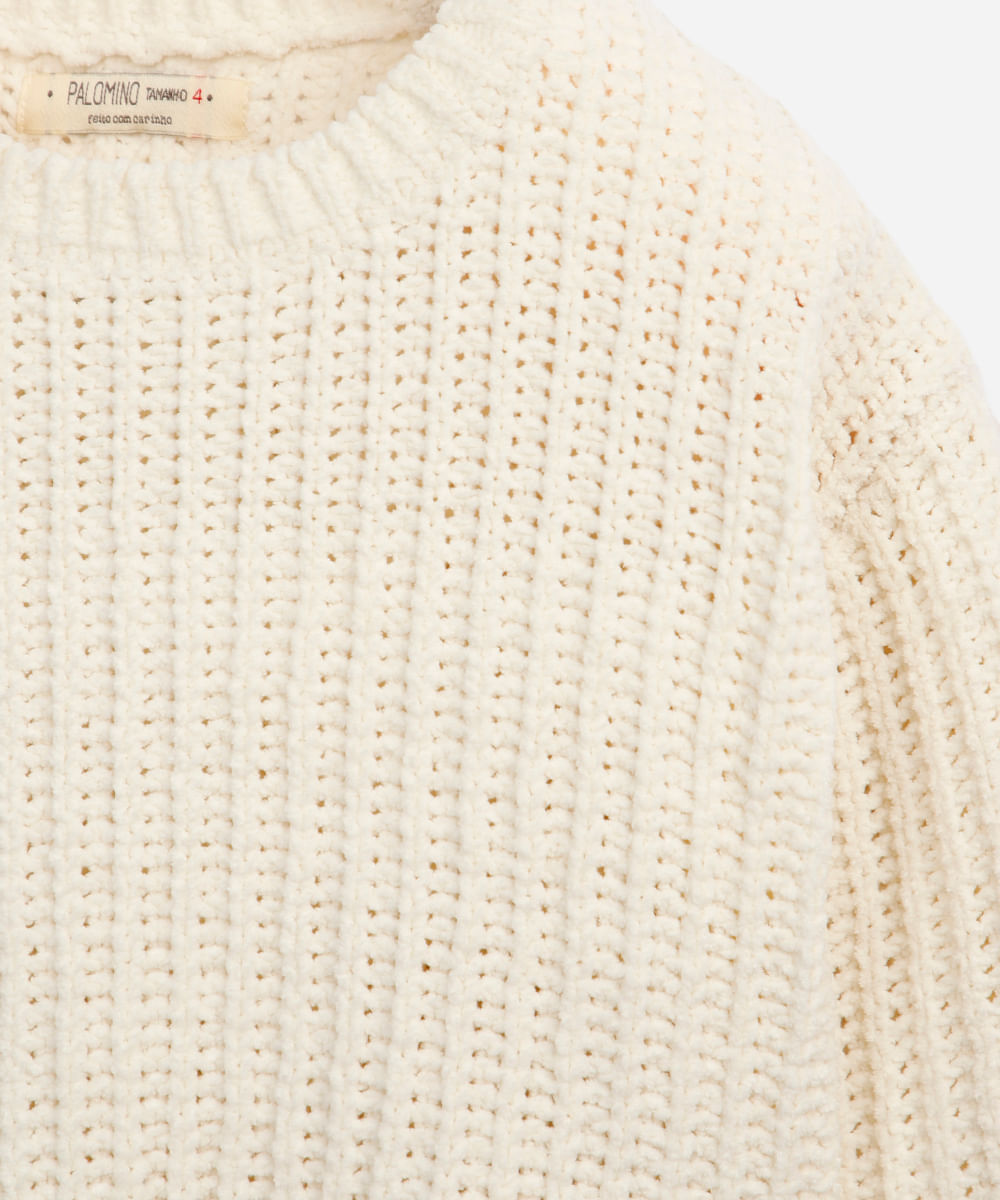 suéter infantil de tricot chenille manga longa off white