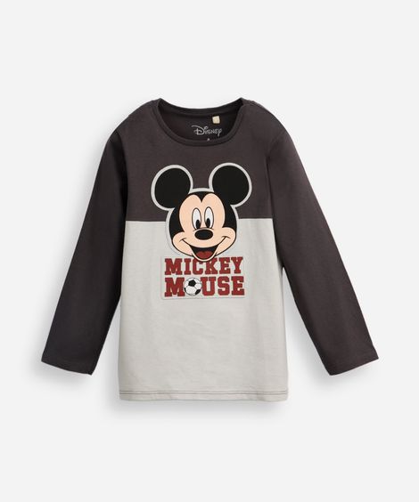 camiseta infantil de algodão com recorte mickey mouse cinza