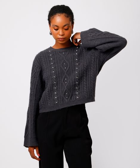 suéter feminino de tricot com brilhos texturizado mindset cinza