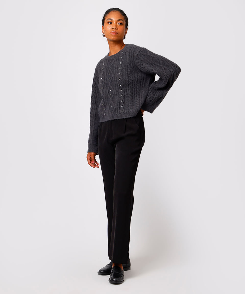 suéter feminino de tricot com brilhos texturizado mindset cinza