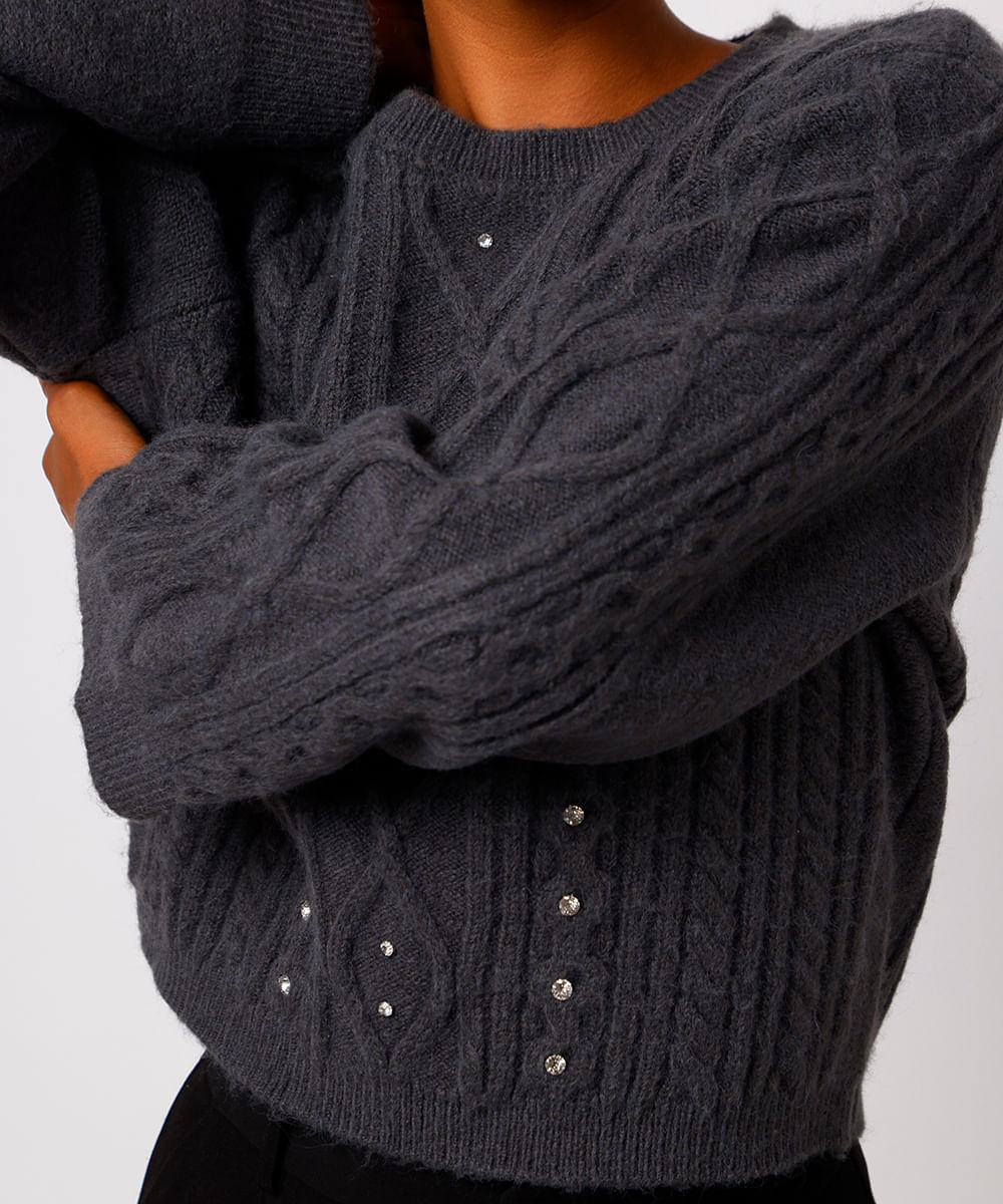 suéter feminino de tricot com brilhos texturizado mindset cinza