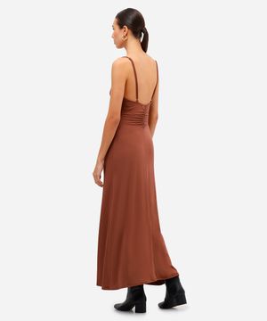 vestido longo feminino franzido alça fina marrom