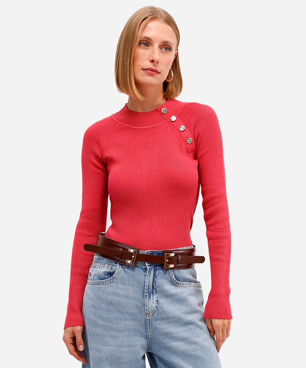 suéter feminino de tricot canelado rosa