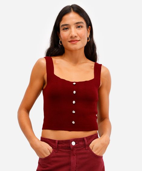 regata feminina de tricot com botões decote quadrado vinho