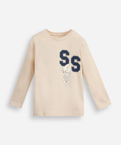 camiseta infantil de algodão manga longa sonic bege