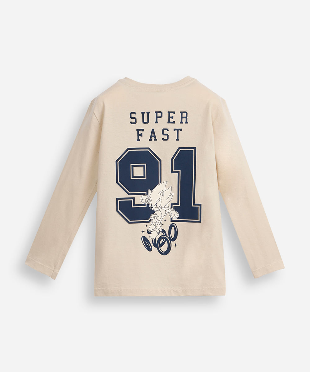 camiseta infantil de algodão manga longa sonic bege