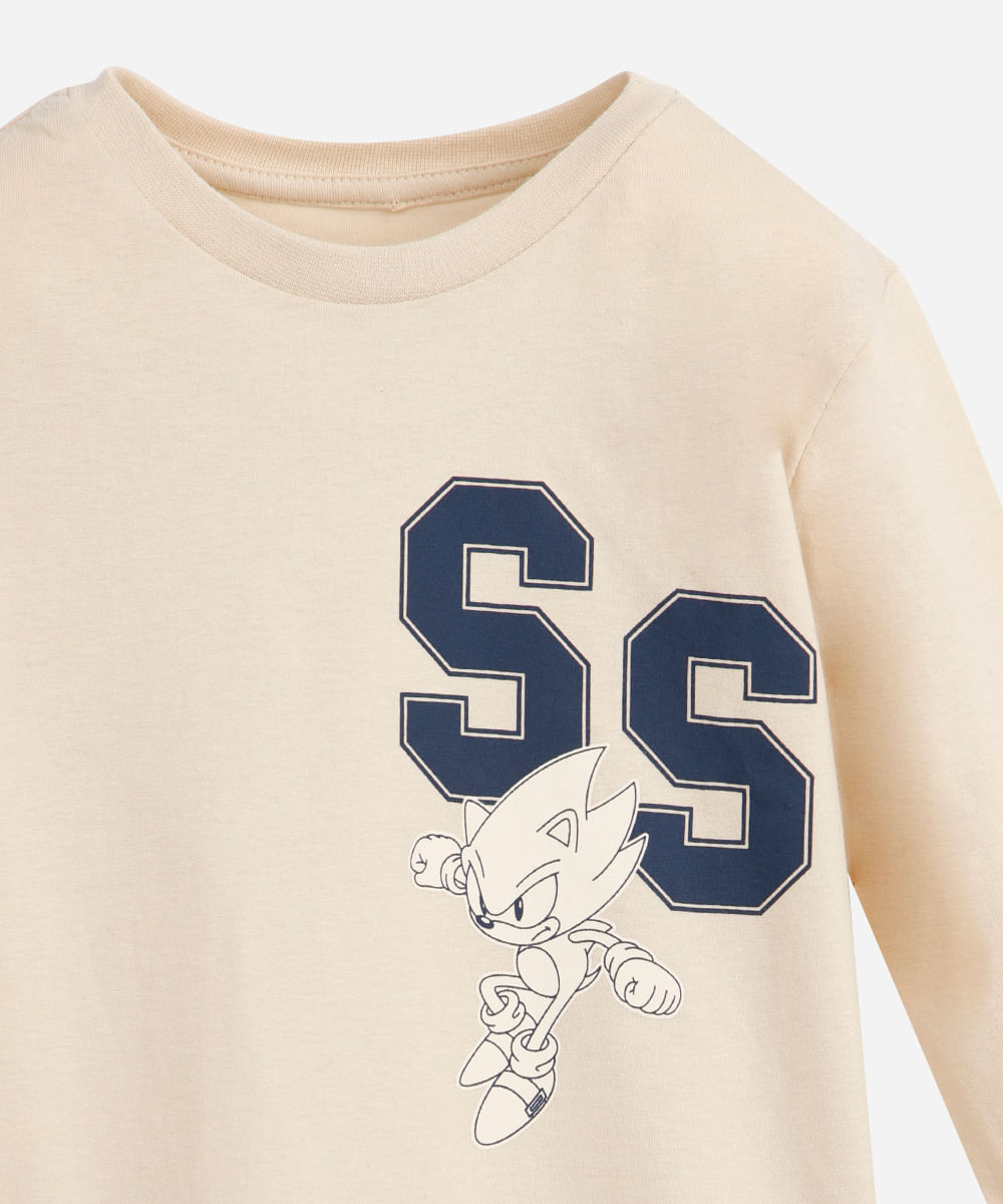 camiseta infantil de algodão manga longa sonic bege