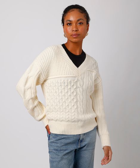 suéter feminino de tricot decote v texturizado mindset off white
