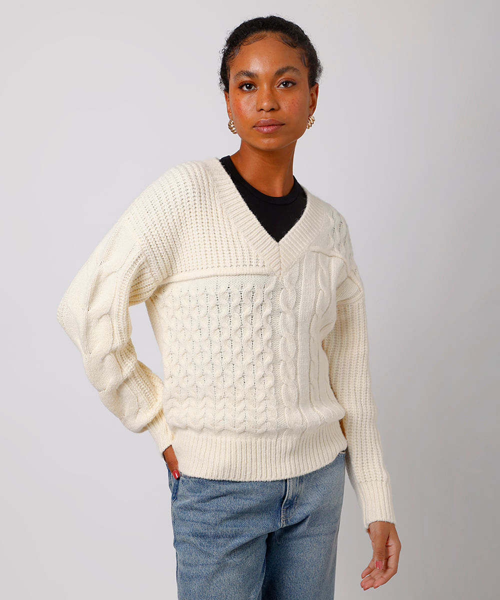 suéter feminino de tricot decote v texturizado mindset off white