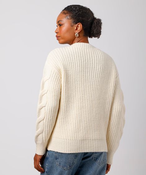 suéter feminino de tricot decote v texturizado mindset off white