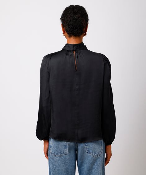 blusa feminina acetinada gola alta franzida mindset preta