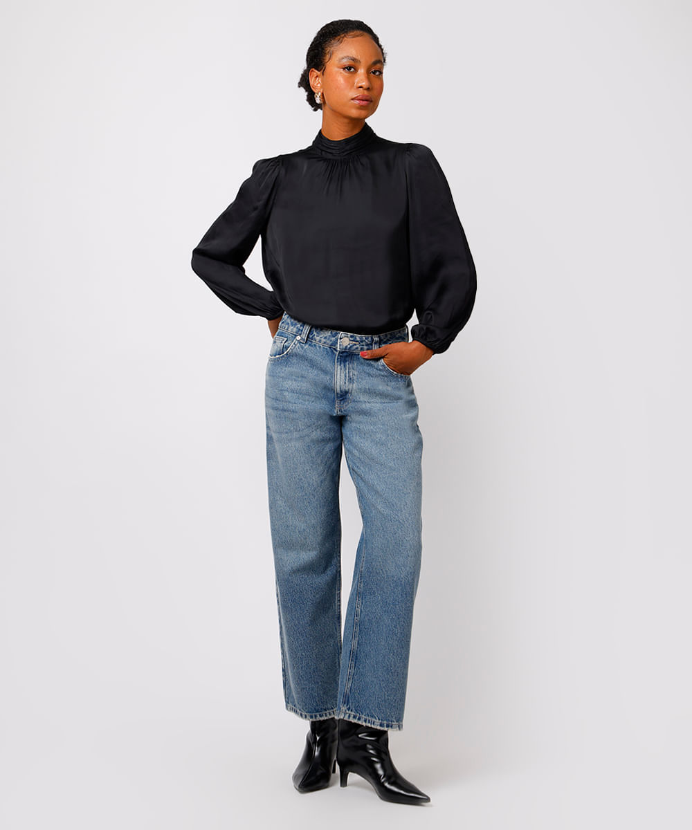 blusa feminina acetinada gola alta franzida mindset preta