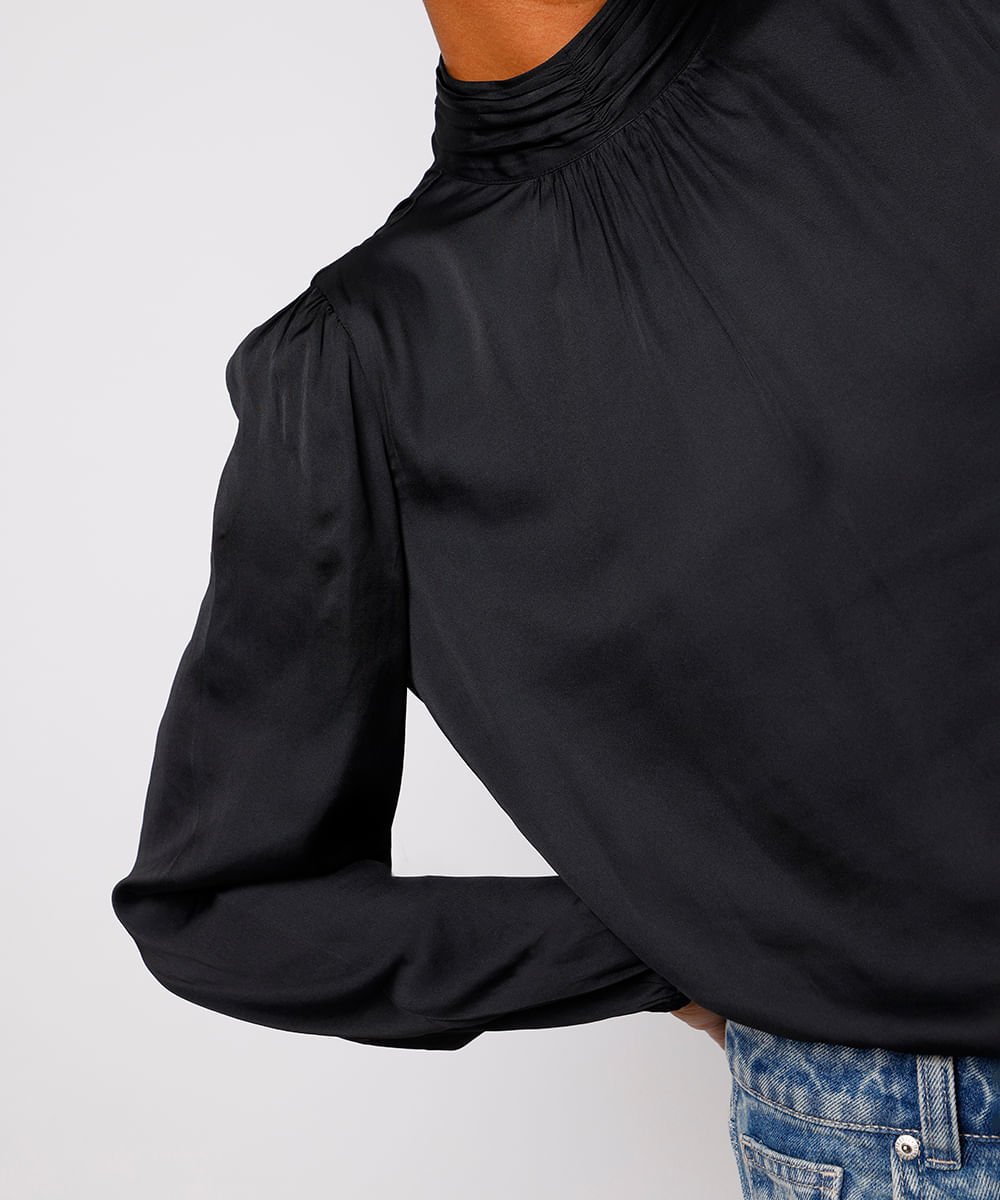 blusa feminina acetinada gola alta franzida mindset preta