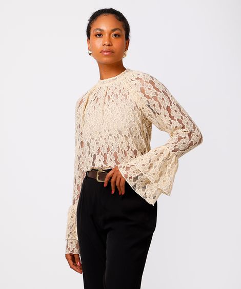 blusa feminina de renda floral mindset bege